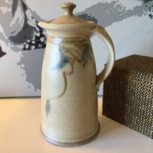 Handcrafted Ceramic Pottery Pitcher With Lid & Handle Beige With Blue Green Acce